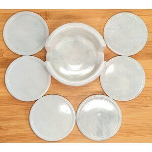 Set of 6 White Carrara Marble Stone Beverage Drink Coasters w/ Matching Base